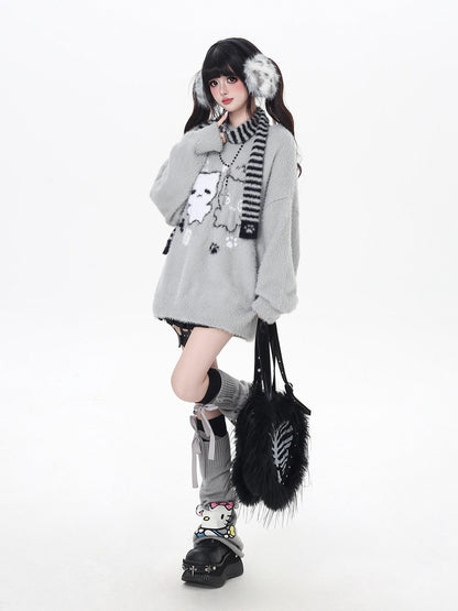 Crazy Girl Happy Cat Plush Embossed Crewneck Loose Cardigan Women&