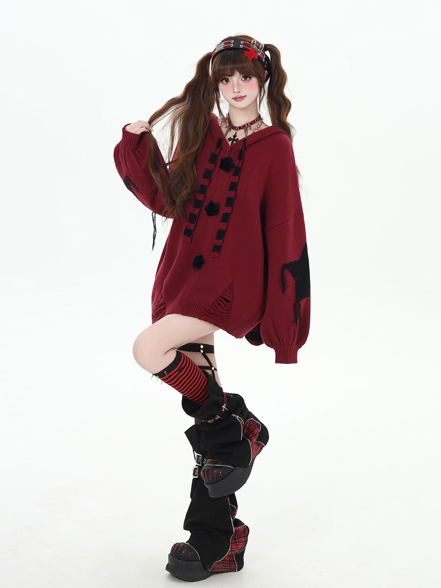 Crazy Girl Hooded Rabbit Ear Striped Star Women&