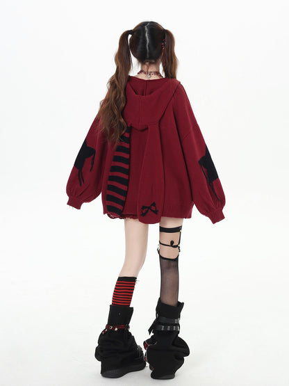 Crazy Girl Hooded Rabbit Ear Striped Star Women&