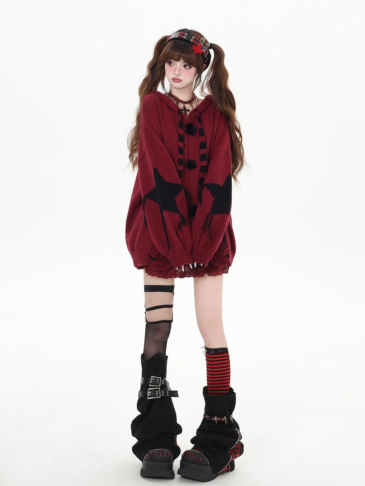 Crazy Girl Hooded Rabbit Ear Striped Star Women&