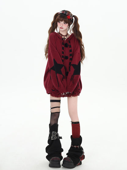Crazy Girl Hooded Rabbit Ear Striped Star Women&