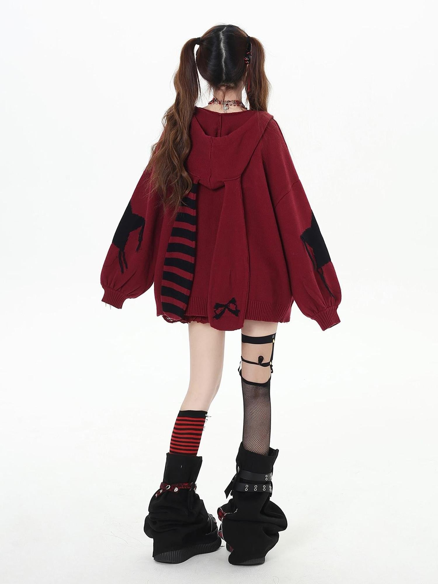 Crazy Girl Hooded Rabbit Ear Striped Star Women&
