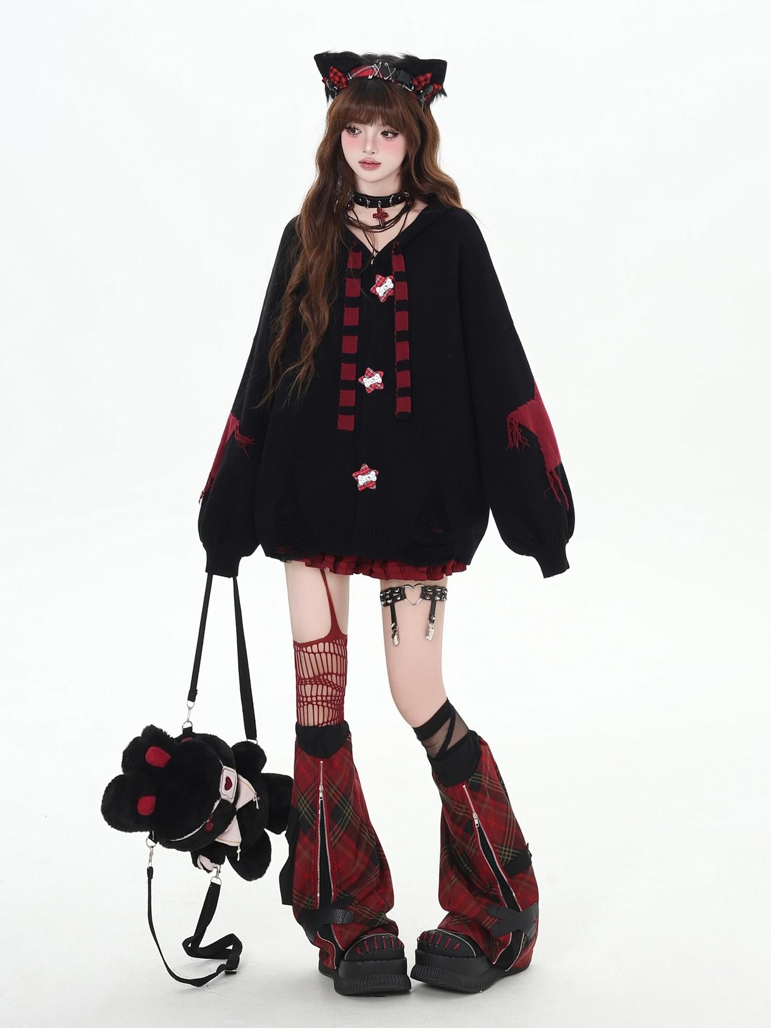 Crazy Girl Hooded Rabbit Ear Striped Star Women&