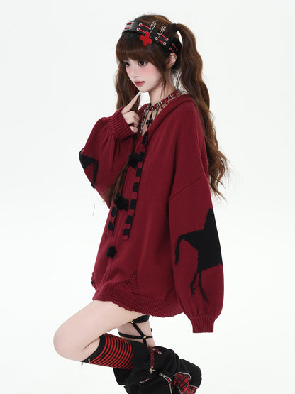 Crazy Girl Hooded Rabbit Ear Striped Star Women&