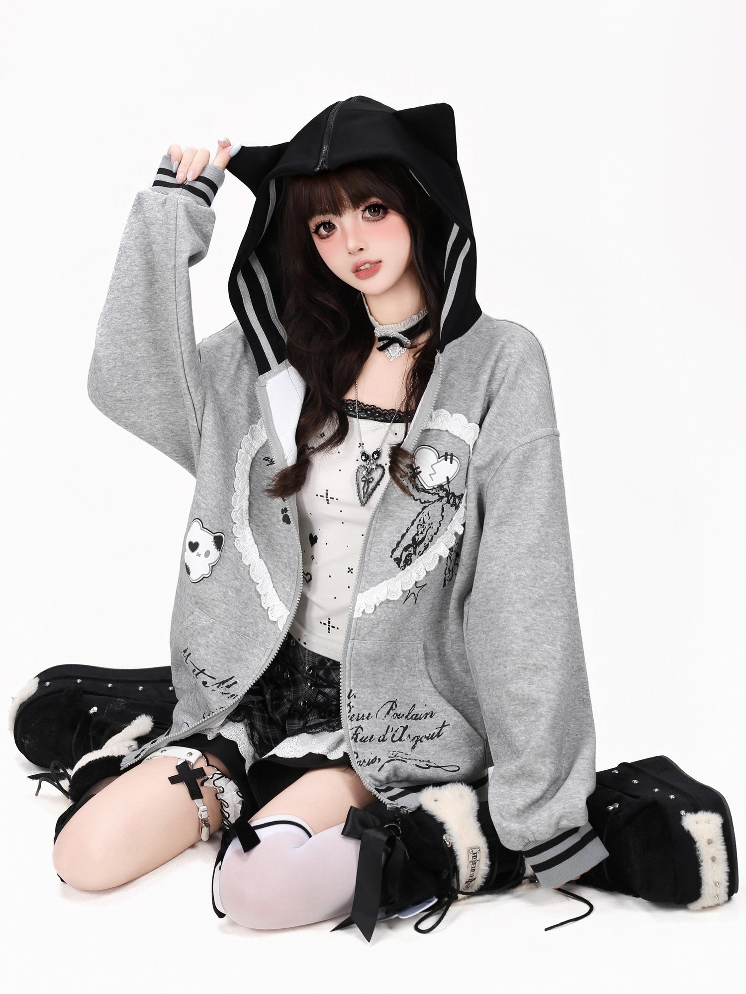 Crazy Girl Kawaii Cat Ear Convertible Lace Bow Heart Trim Women&