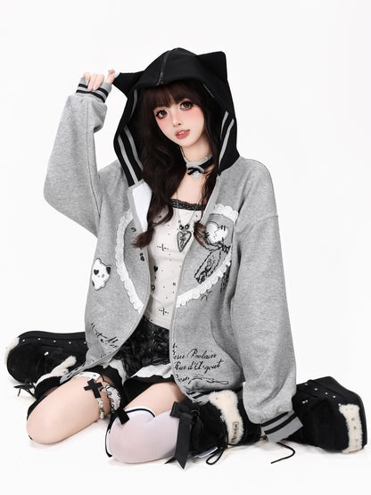 Crazy Girl Kawaii Cat Ear Convertible Lace Bow Heart Trim Women&