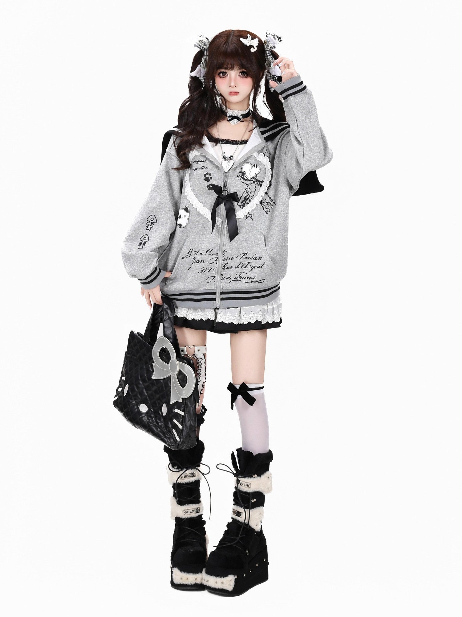 Crazy Girl Kawaii Cat Ear Convertible Lace Bow Heart Trim Women&