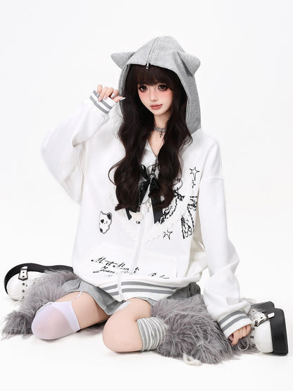 Crazy Girl Kawaii Cat Ear Convertible Lace Bow Heart Trim Women&