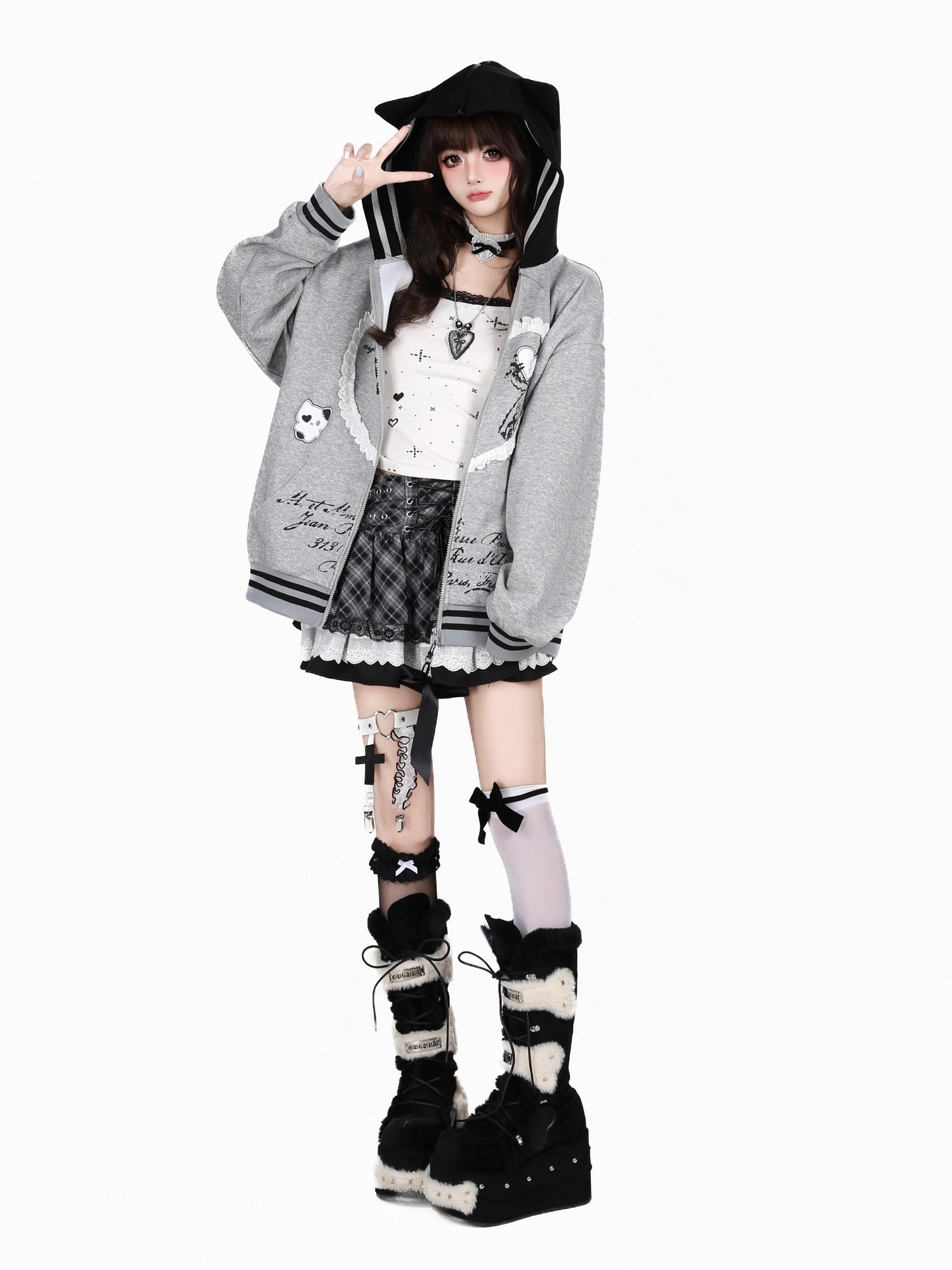 Crazy Girl Kawaii Cat Ear Convertible Lace Bow Heart Trim Women&
