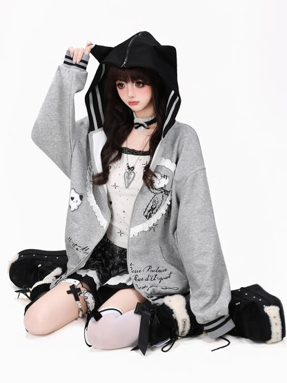 Crazy Girl Kawaii Cat Ear Convertible Lace Bow Heart Trim Women&