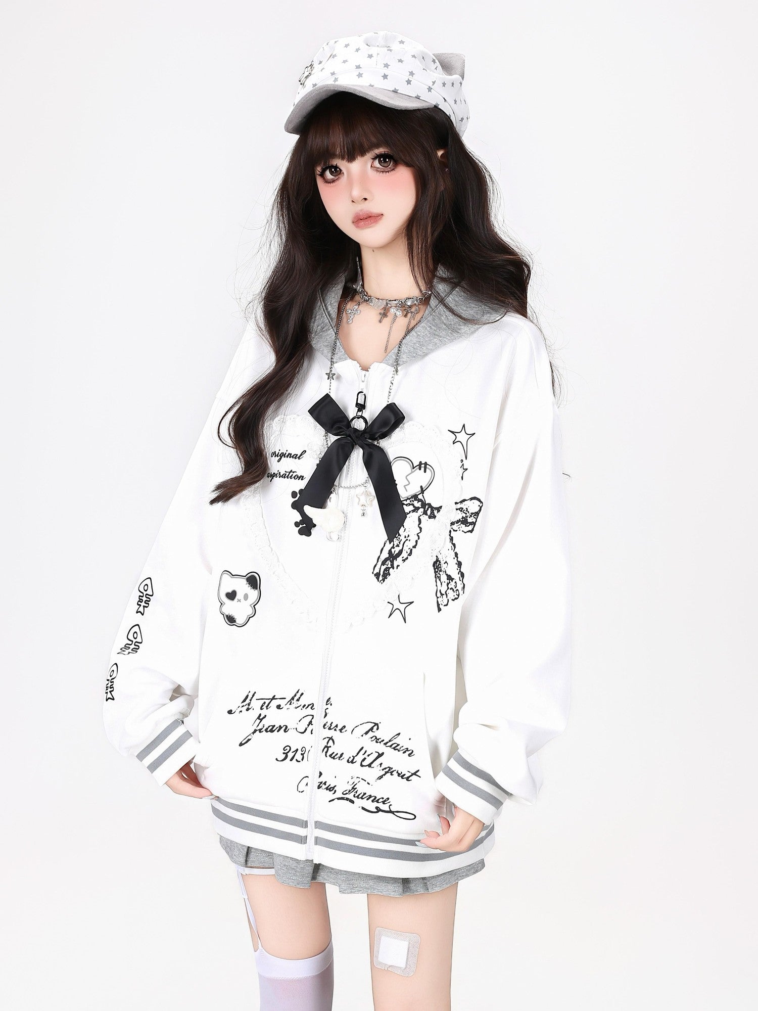 Crazy Girl Kawaii Cat Ear Convertible Lace Bow Heart Trim Women&