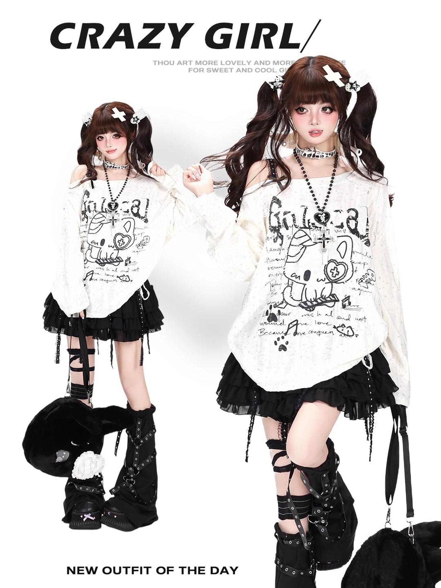 Crazy Girl Kitten Drawstring Distressed One Shoulder Patchwork Women&