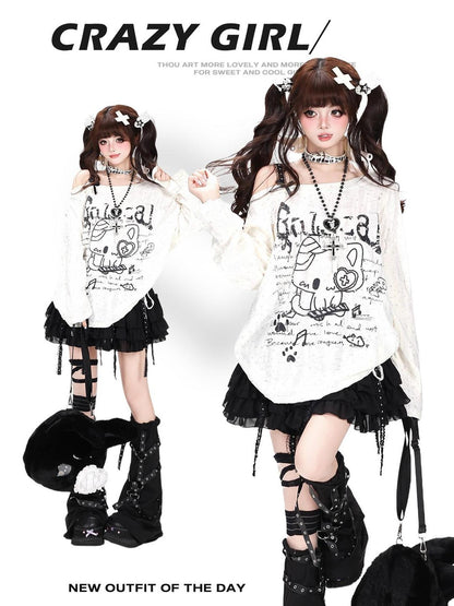 Crazy Girl Kitten Drawstring Distressed One Shoulder Patchwork Women&