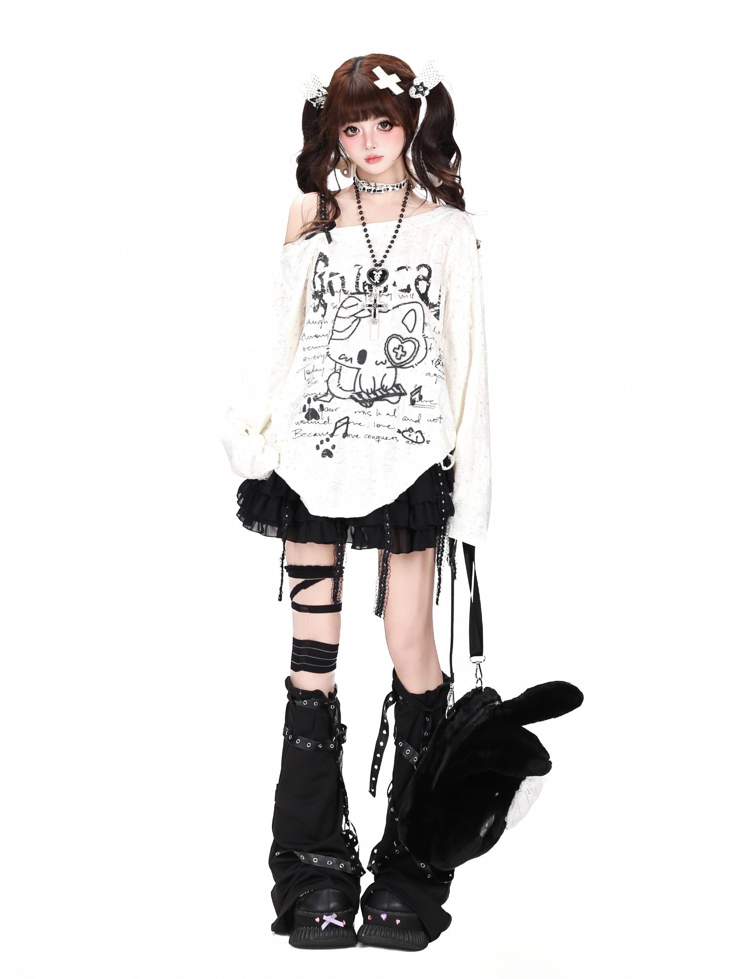 Crazy Girl Kitten Drawstring Distressed One Shoulder Patchwork Women&