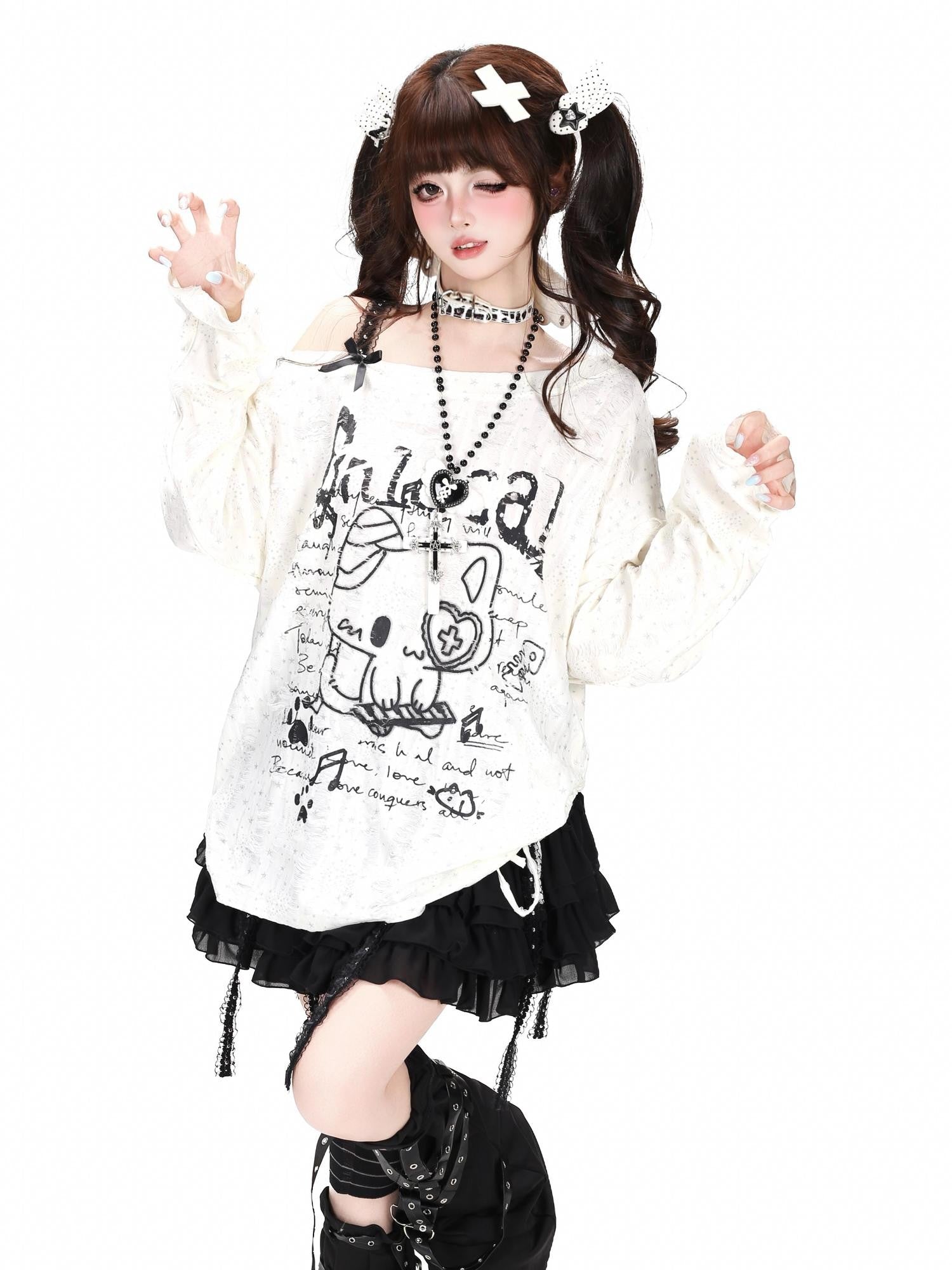 Crazy Girl Kitten Drawstring Distressed One Shoulder Patchwork Women&