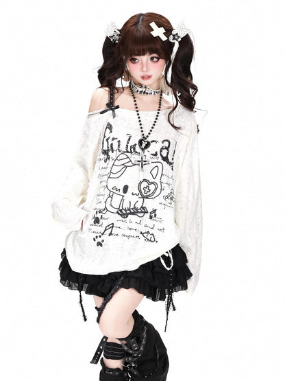 Crazy Girl Kitten Drawstring Distressed One Shoulder Patchwork Women&