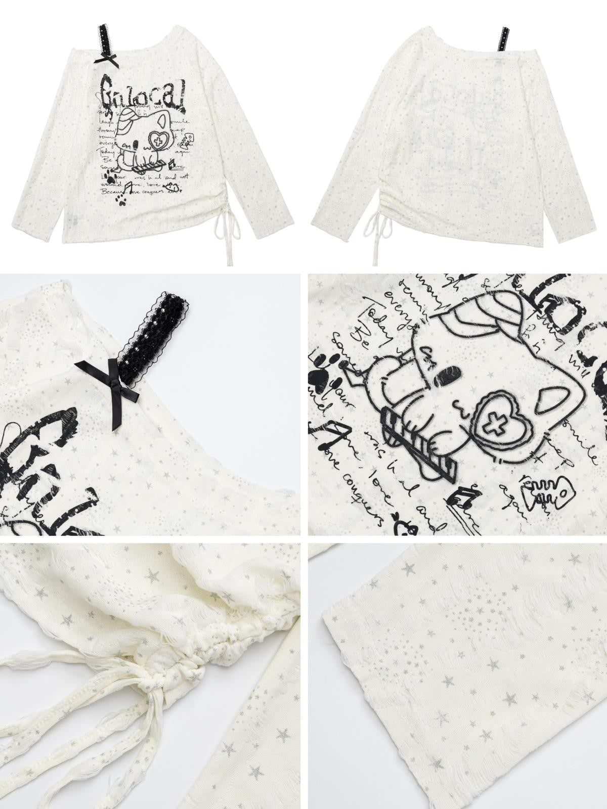 Crazy Girl Kitten Drawstring Distressed One Shoulder Patchwork Women&