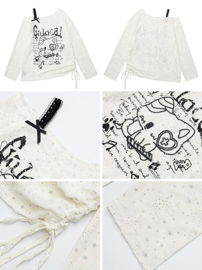 Crazy Girl Kitten Drawstring Distressed One Shoulder Patchwork Women&