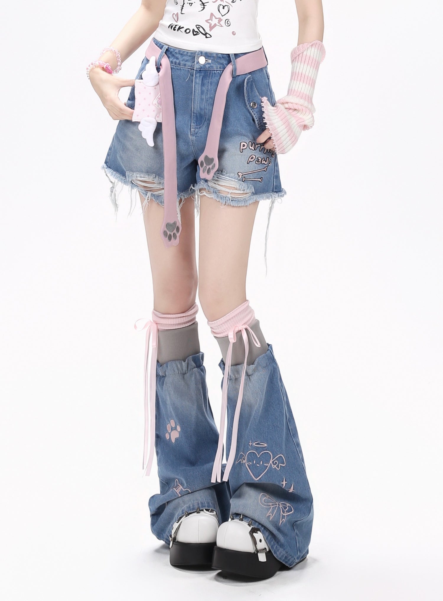 Crazy_Girl_Kitten_Letter_Print_Distressed_High_Waist_Button_Women&