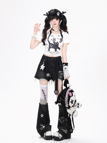 Crazy Girl Kitten Letter Print Distressed High Waist Button Women&