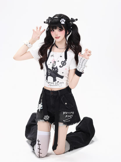 Crazy Girl Kitten Letter Print Distressed High Waist Button Women&