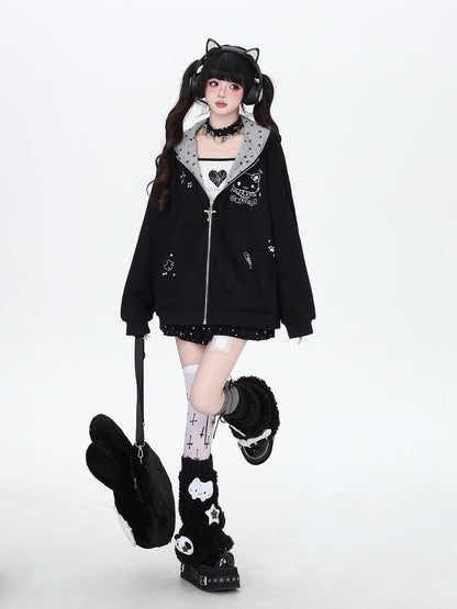 Crazy Girl Kitten Paw Embroidered Cat Ear Hooded Women&