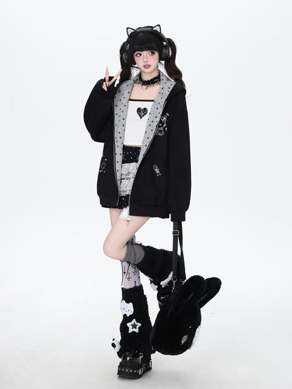 Crazy Girl Kitten Paw Embroidered Cat Ear Hooded Women&