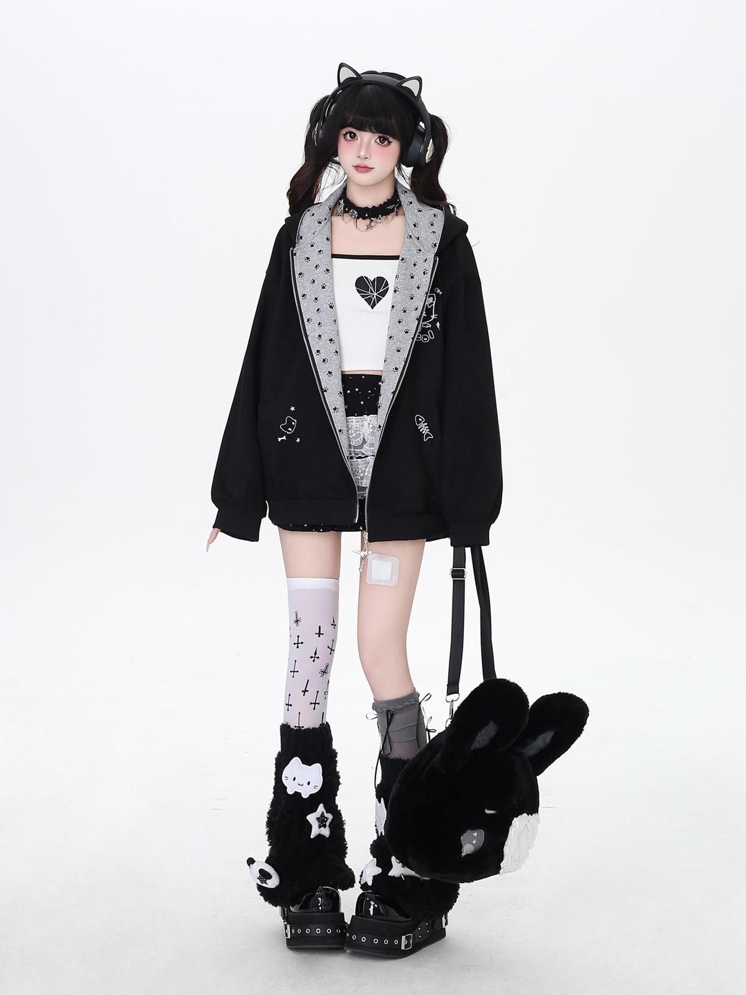 Crazy Girl Kitten Paw Embroidered Cat Ear Hooded Women&