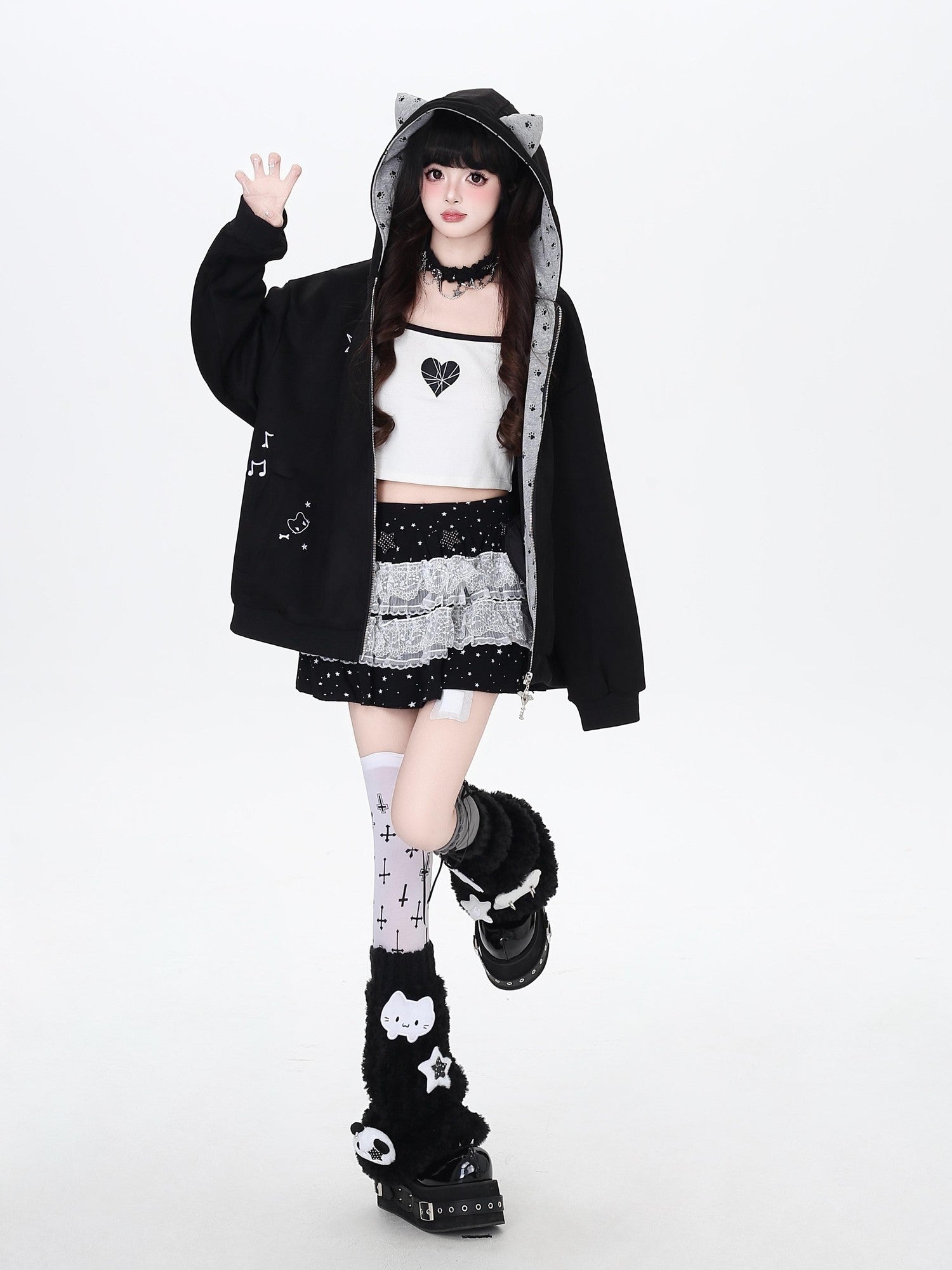 Crazy Girl Kitten Paw Embroidered Cat Ear Hooded Women&
