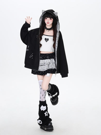 Crazy Girl Kitten Paw Embroidered Cat Ear Hooded Women&