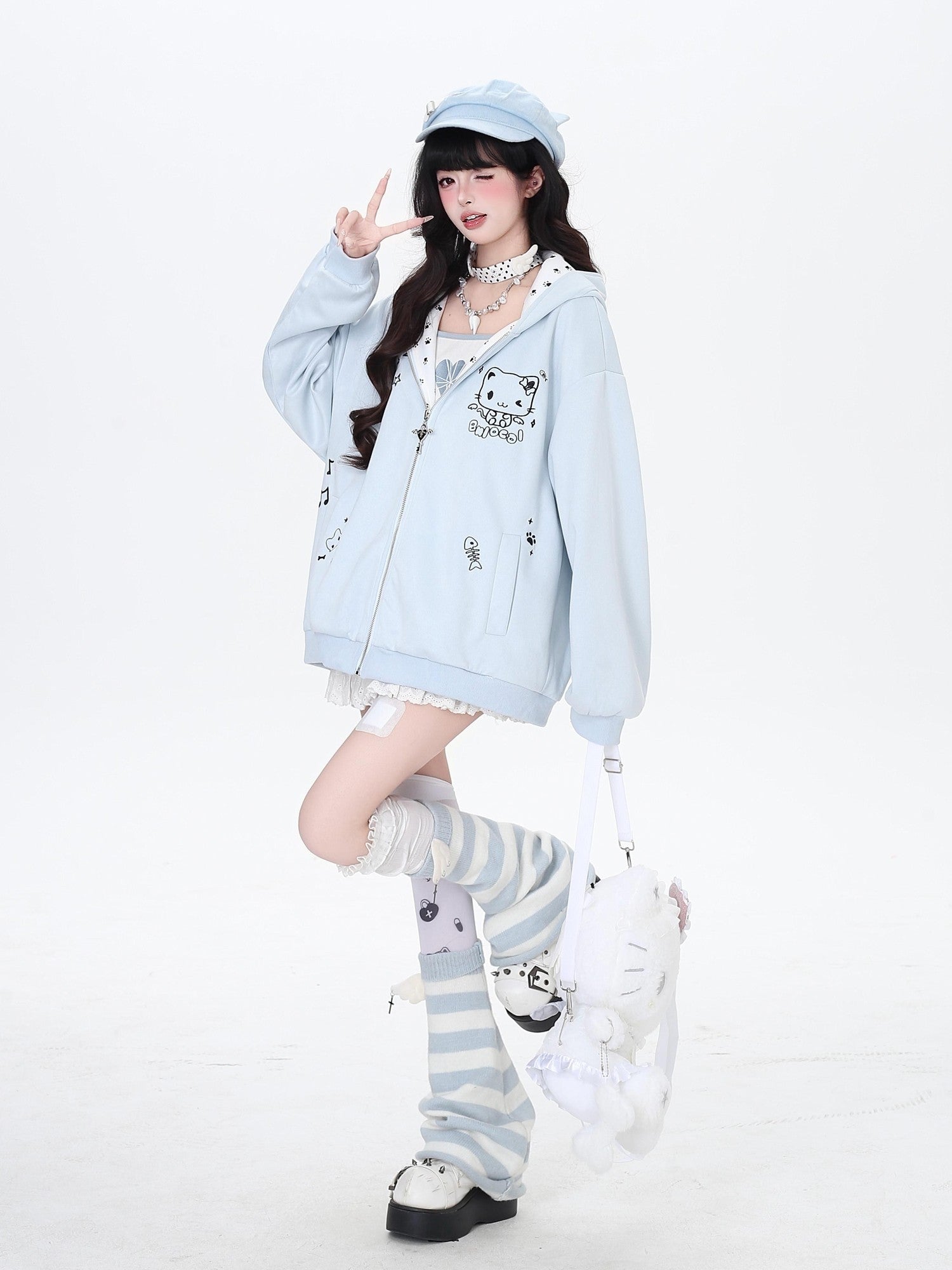 Crazy Girl Kitten Paw Embroidered Cat Ear Hooded Women&