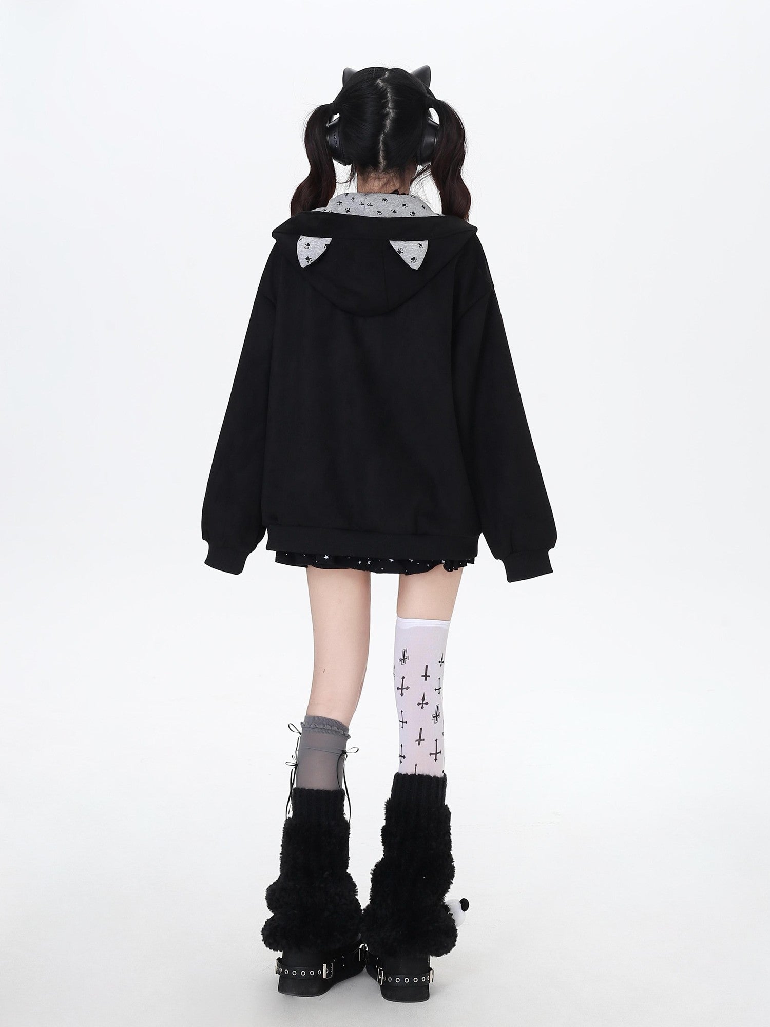 Crazy Girl Kitten Paw Embroidered Cat Ear Hooded Women&