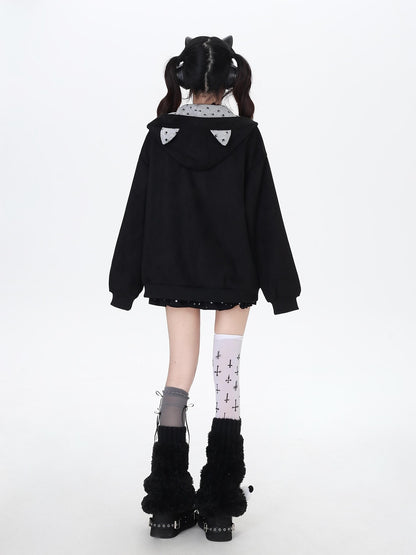 Crazy Girl Kitten Paw Embroidered Cat Ear Hooded Women&
