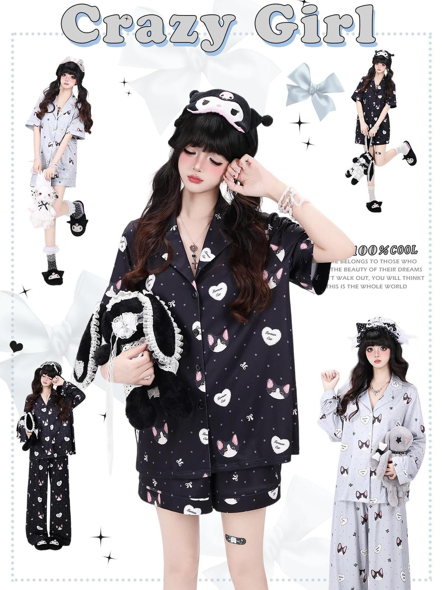 Crazy Girl Kitten Print Japanese Soft Short Sleeve Lapel Women&