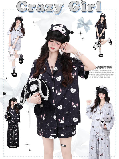 Crazy Girl Kitten Print Japanese Soft Short Sleeve Lapel Women&