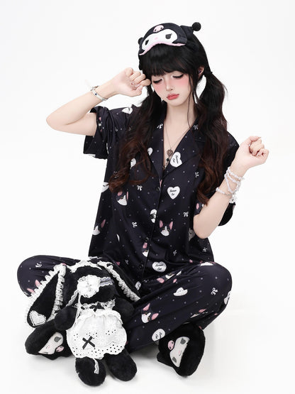 Crazy Girl Kitten Print Japanese Soft Short Sleeve Lapel Women&