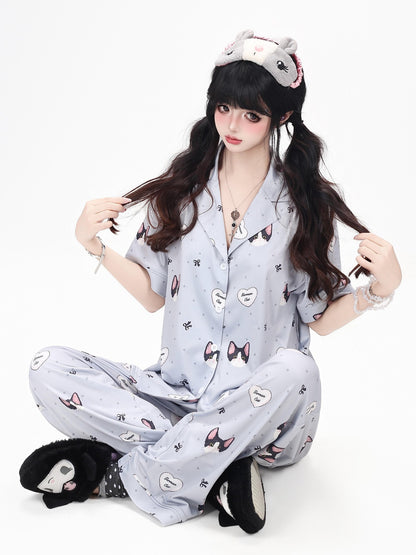 Crazy Girl Kitten Print Japanese Soft Short Sleeve Lapel Women&
