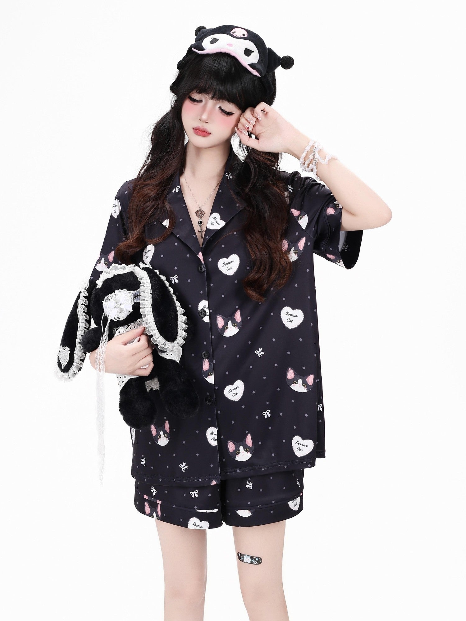 Crazy Girl Kitten Print Japanese Soft Short Sleeve Lapel Women&