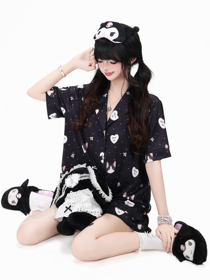 Crazy Girl Kitten Print Japanese Soft Short Sleeve Lapel Women&
