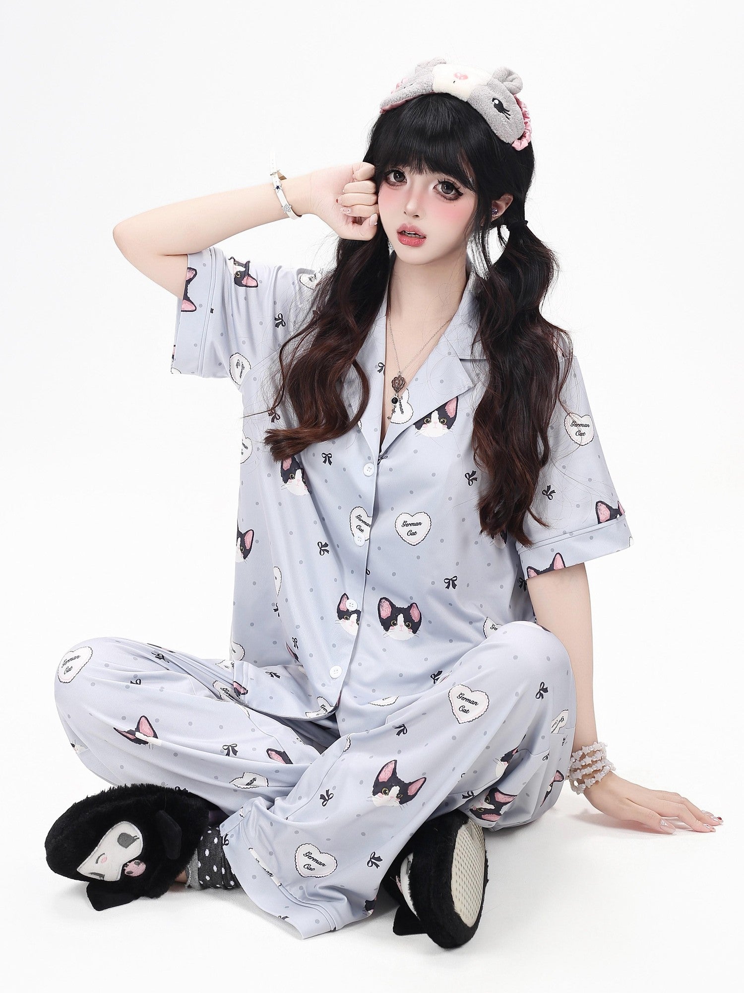 Crazy Girl Kitten Print Japanese Soft Short Sleeve Lapel Women&