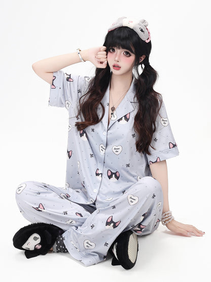 Crazy Girl Kitten Print Japanese Soft Short Sleeve Lapel Women&