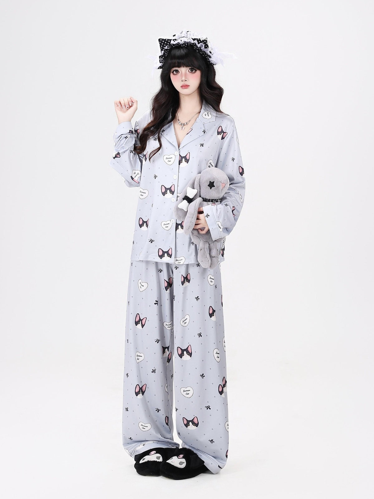 Crazy Girl Kitten Print Japanese Soft Short Sleeve Lapel Women&