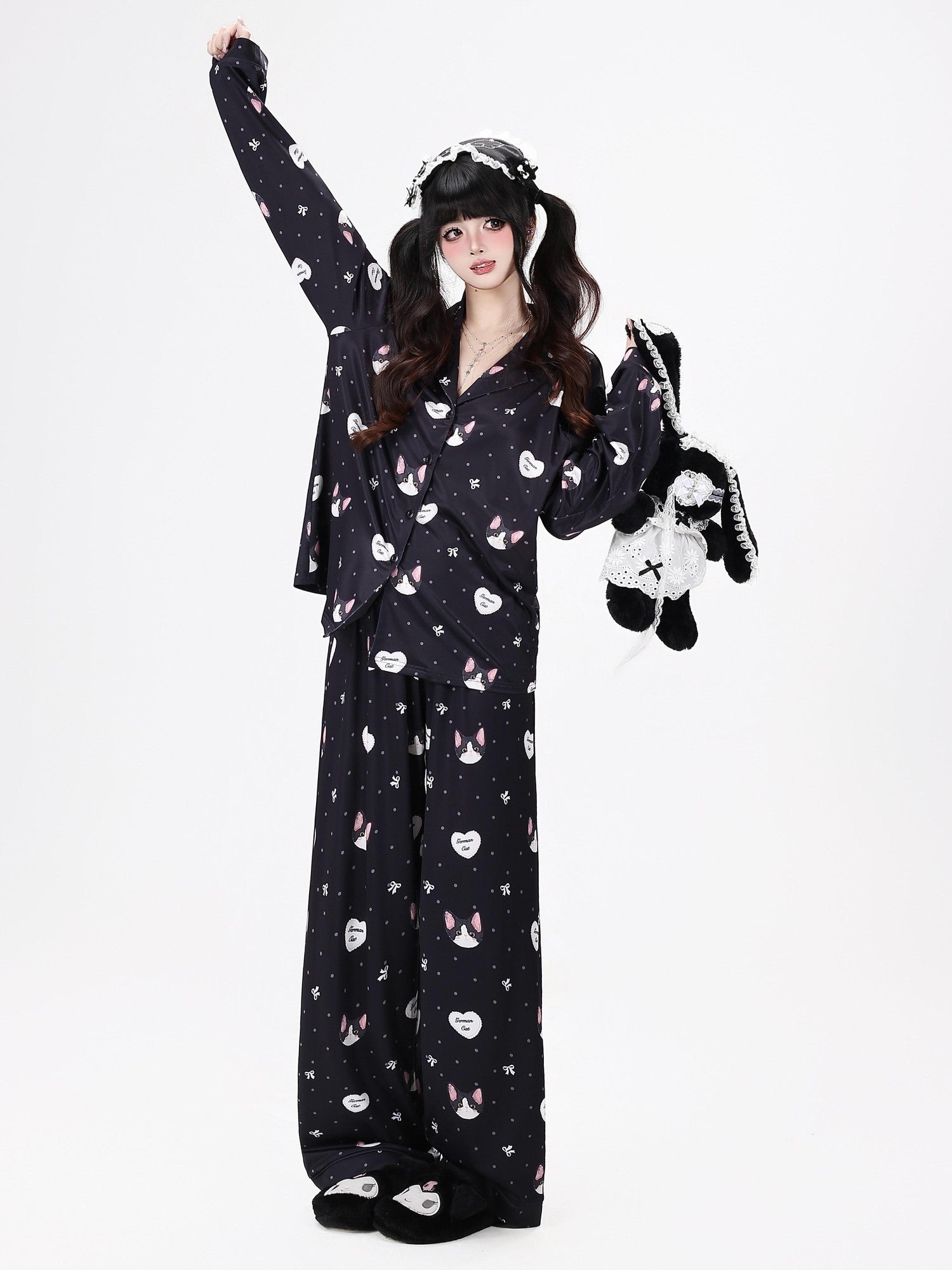 Crazy Girl Kitten Print Japanese Soft Short Sleeve Lapel Women&
