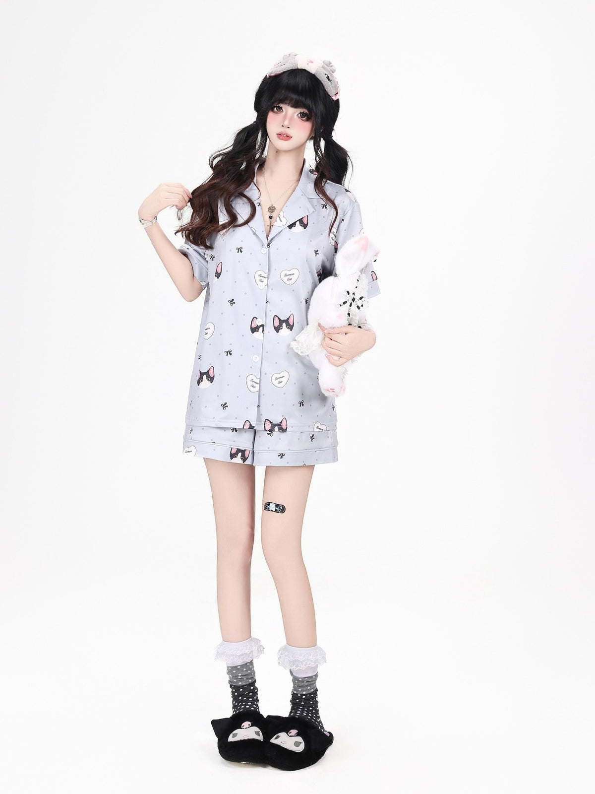 Crazy Girl Kitten Print Japanese Soft Short Sleeve Lapel Women&