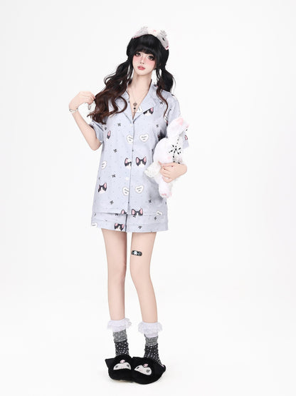 Crazy Girl Kitten Print Japanese Soft Short Sleeve Lapel Women&