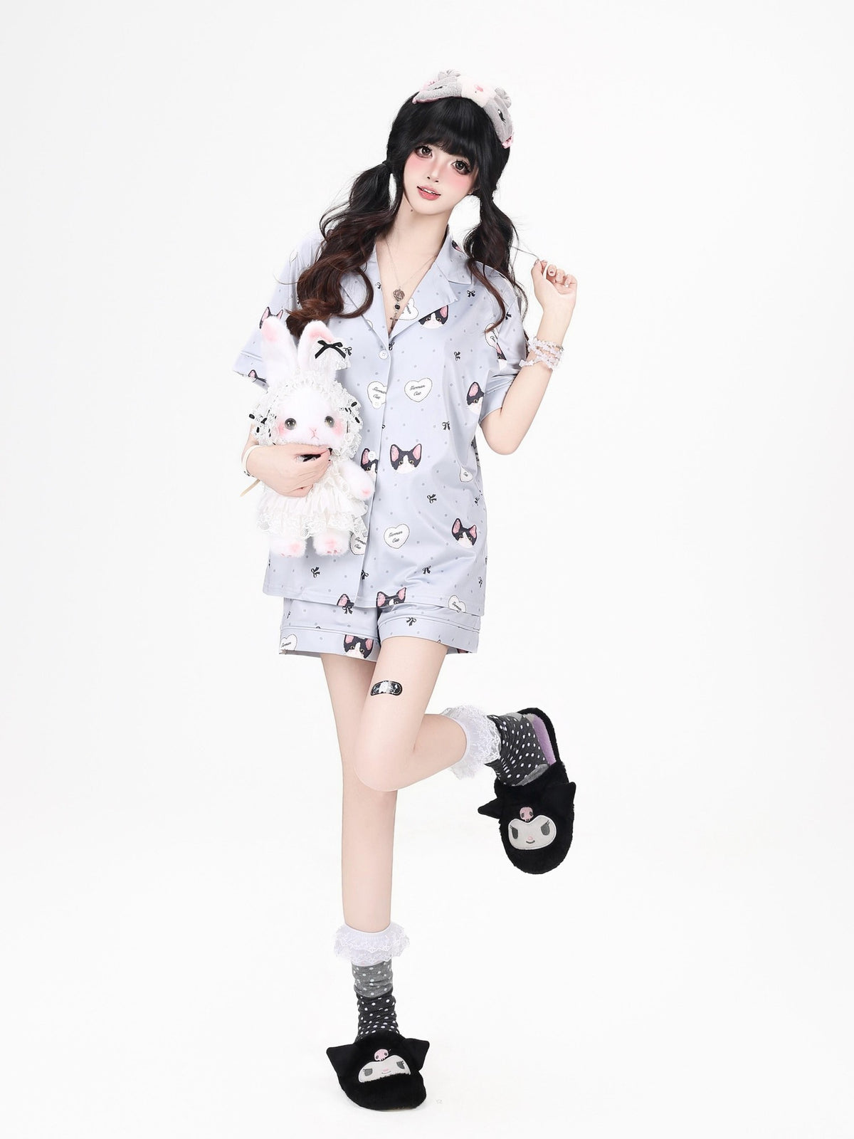 Crazy Girl Kitten Print Japanese Soft Short Sleeve Lapel Women&