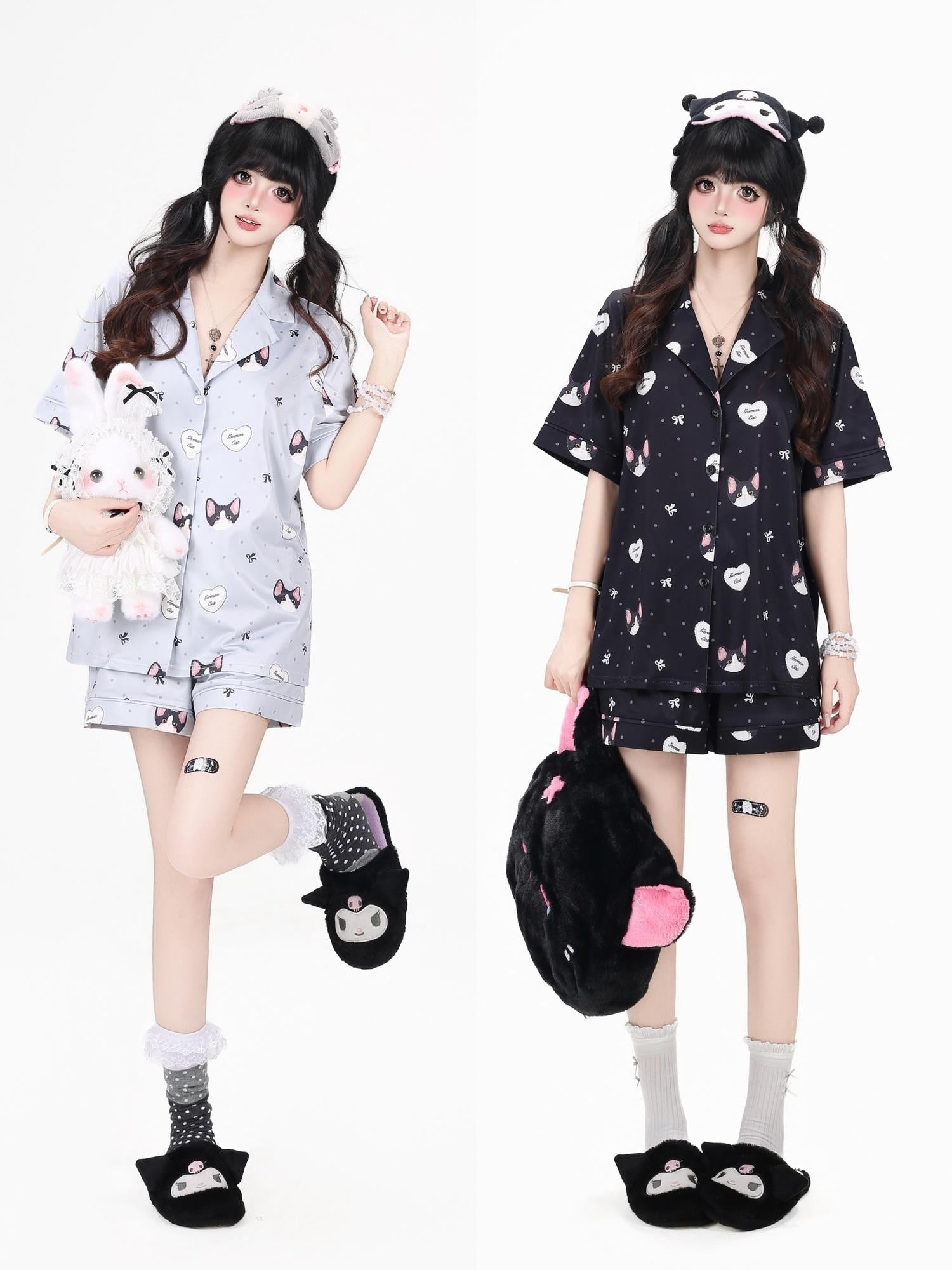 Crazy Girl Kitten Print Japanese Soft Short Sleeve Lapel Women&
