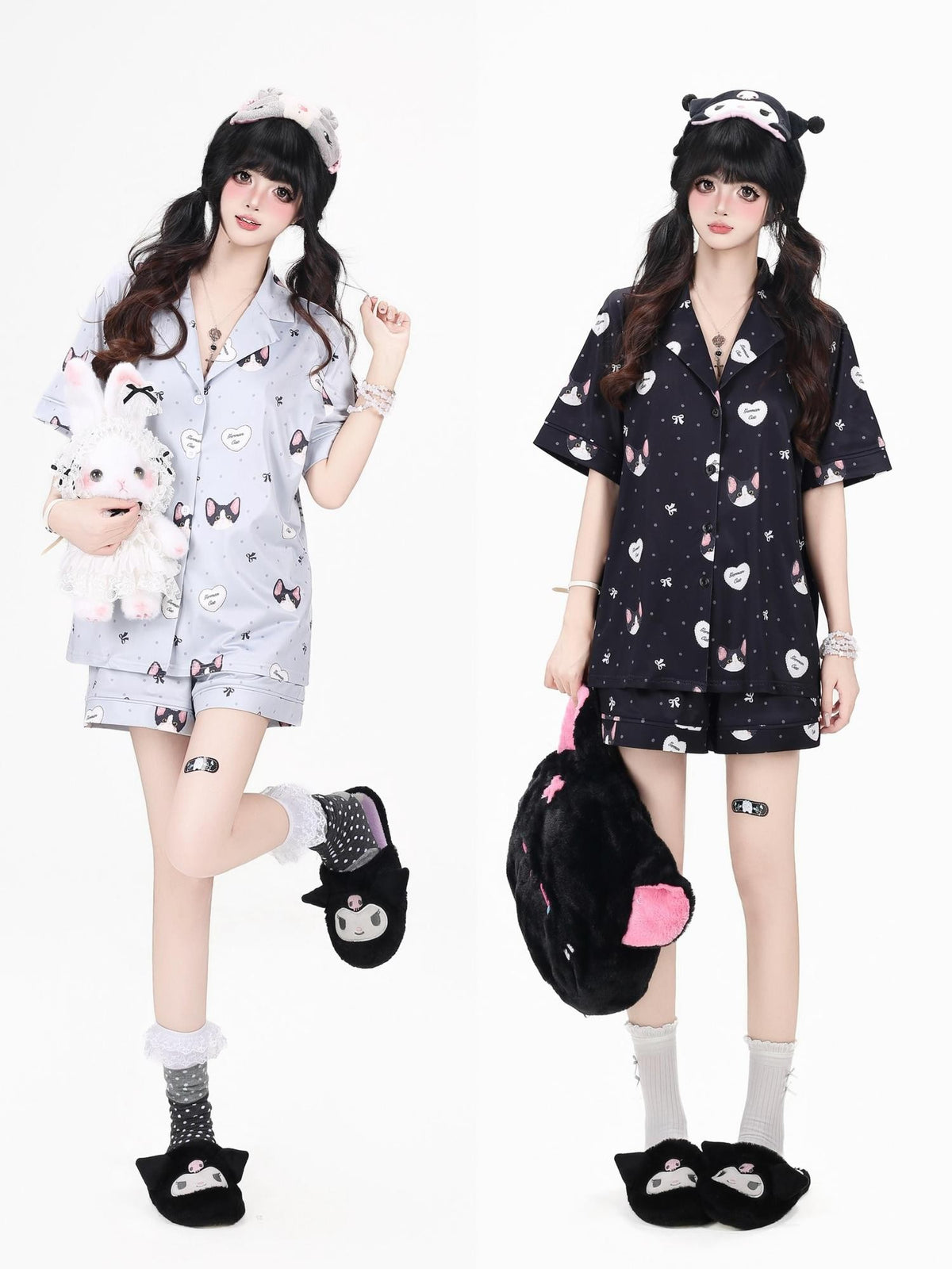Crazy Girl Kitten Print Japanese Soft Short Sleeve Lapel Women&
