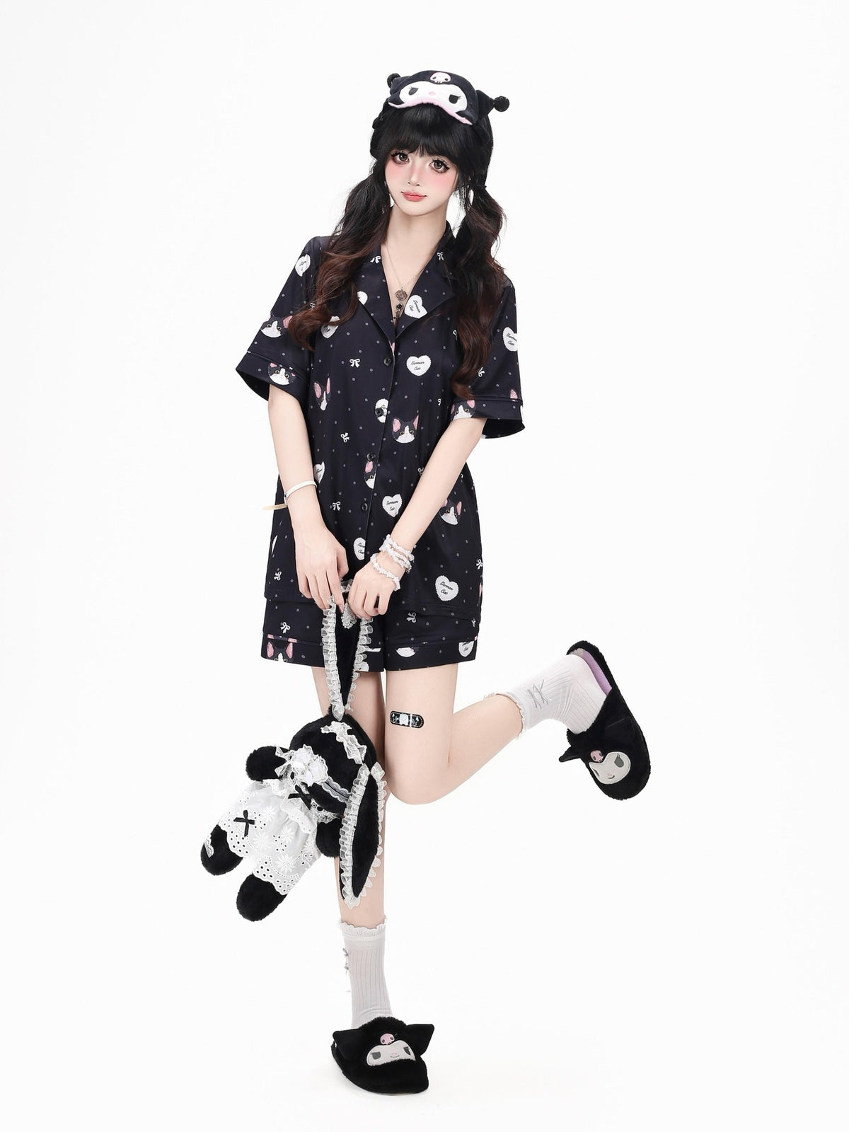 Crazy Girl Kitten Print Japanese Soft Short Sleeve Lapel Women&
