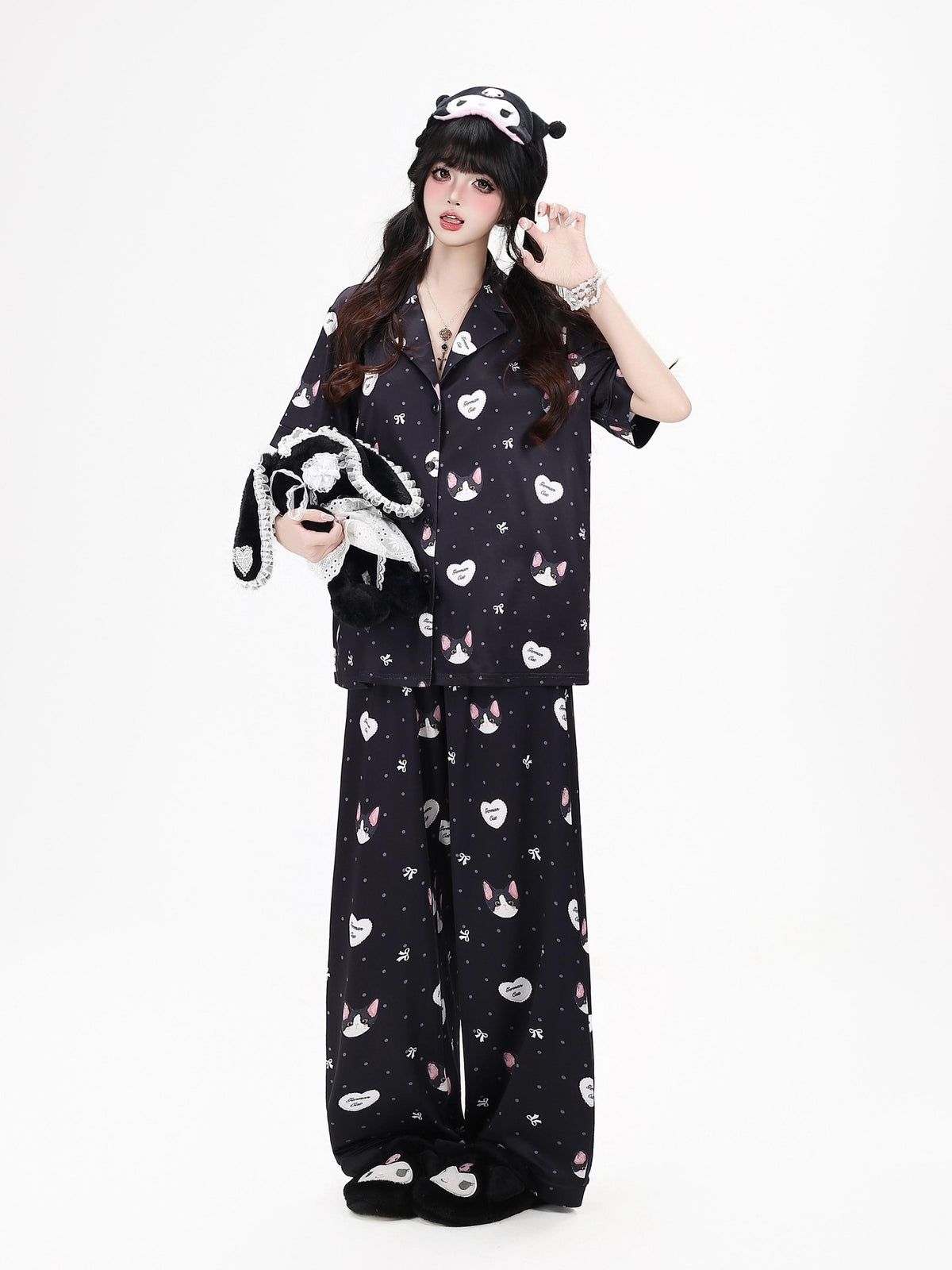 Crazy Girl Kitten Print Japanese Soft Short Sleeve Lapel Women&